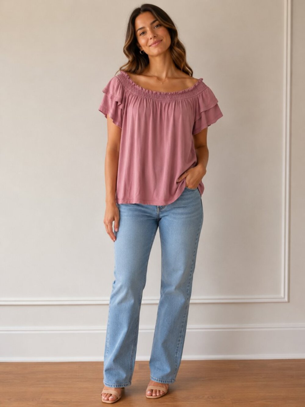 ☀️ American Eagle Outfitters Dusty Mauve Off-Shoulder Ruffle Camisole